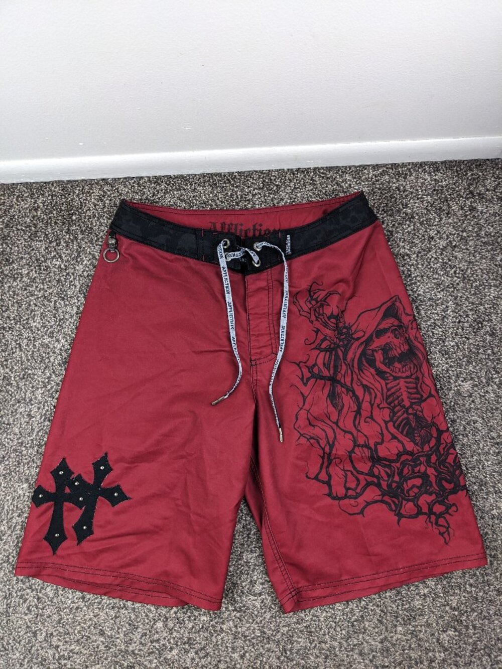 Affliction Board Shorts Skeleton Cross Skull Swim Trunks Red 32